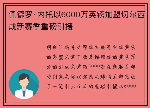 佩德罗·内托以6000万英镑加盟切尔西成新赛季重磅引援